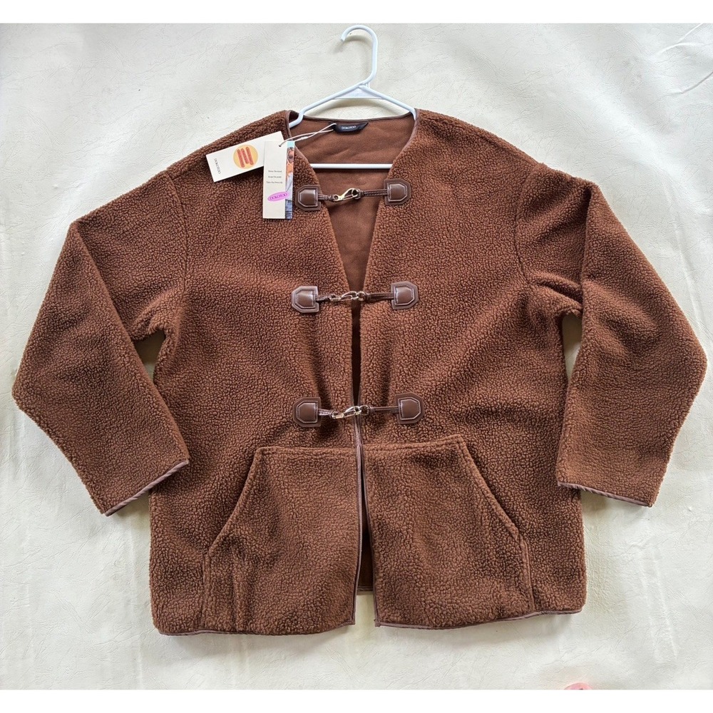 Dokotoo Womens L Teddy Bear Fleece Jacket Brown Sherpa Toggle Clasp Cardigan NWT